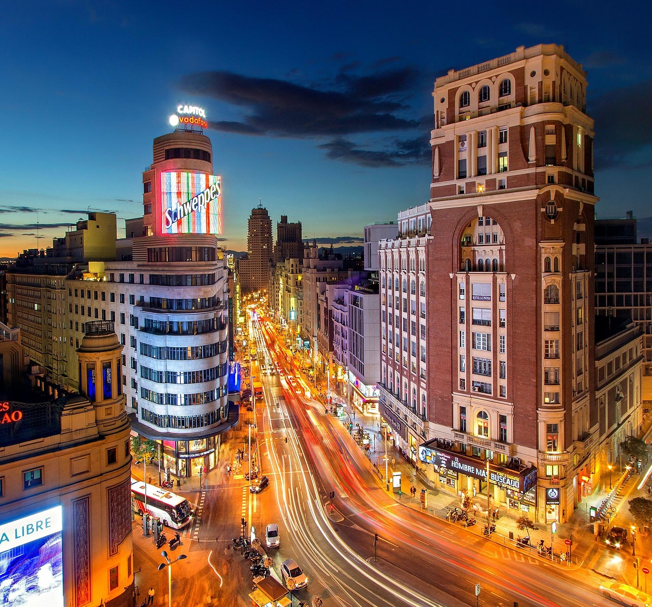 madrid, spain, road, plaza del callao, espana, españa, gran vía, city, dusk, urban, skyscraper, traffic, europe, capital city, madrid, madrid, madrid, madrid, madrid, spain, spain